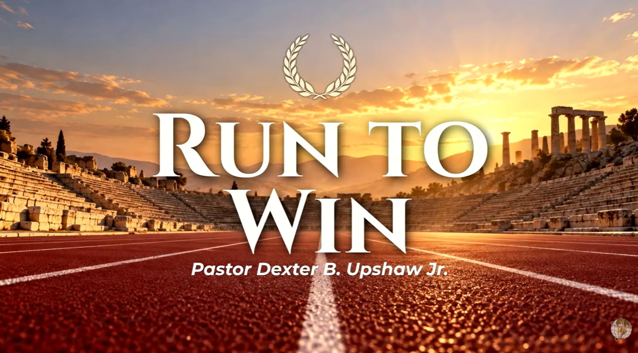 Cinematic sermon graphic featuring an ancient Greco-Roman stadium at golden sunset, blended with a modern red running track in the foreground. “RUN TO WIN,” laurel wreath